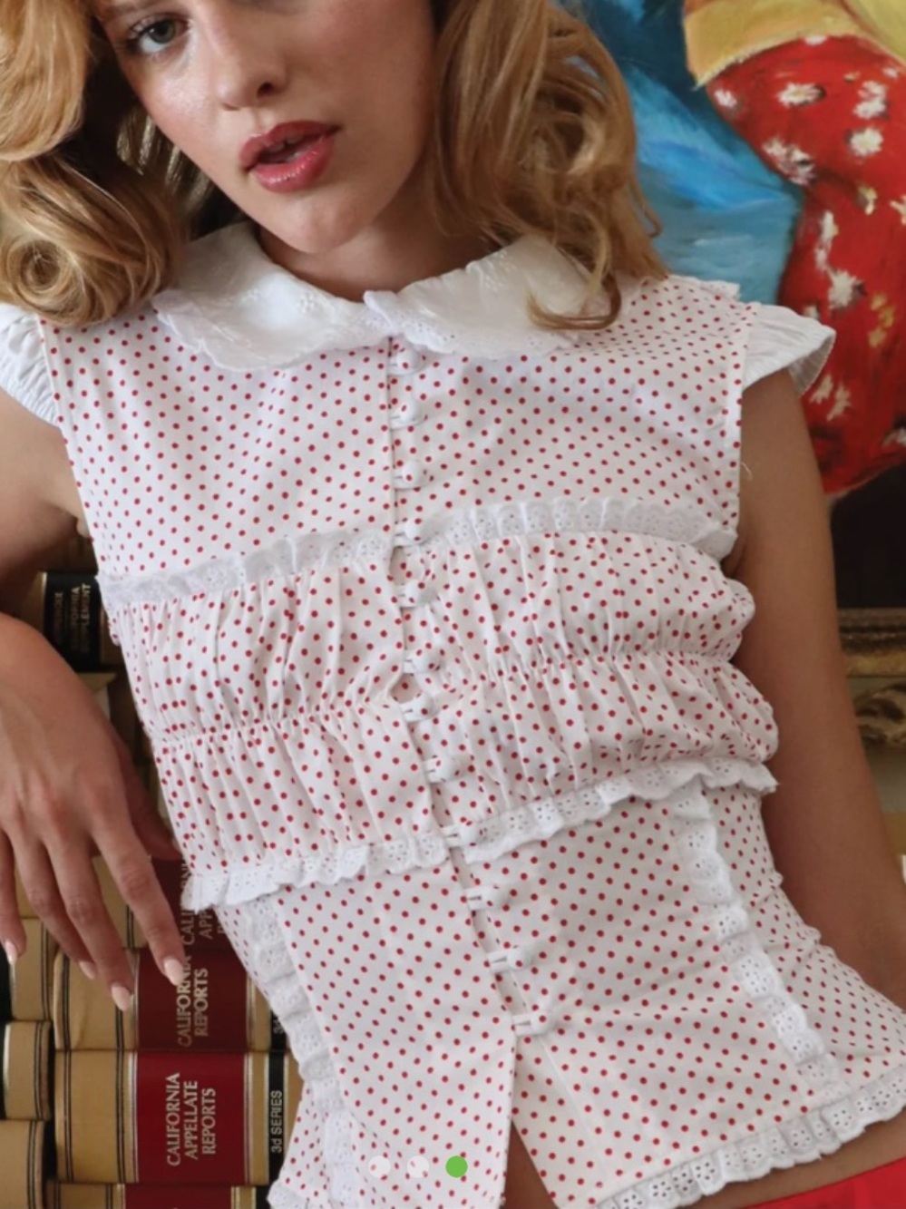 White Eyelet Ruffle Button-Up Blouse with Peter Pan Collar - Picture 3 of 3